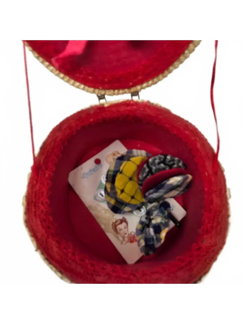 Vintage Chinese Raffia Sewing Basket Floral Lid Red Lined With Buttons